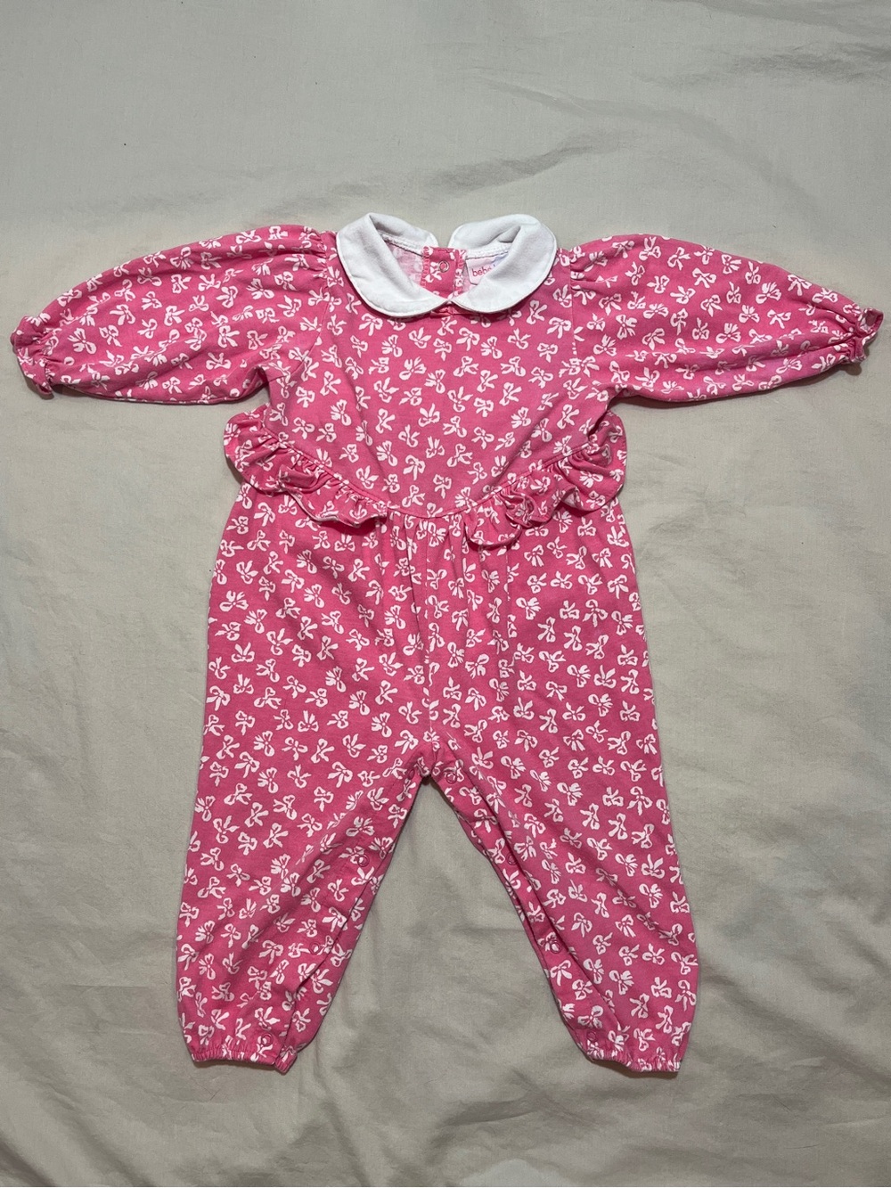 Vintage Bebe Leminique Pink & White Baby Bow Print Romper, 12M